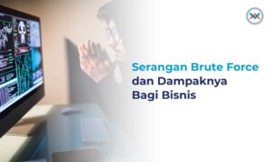 Gambar konsep serangan brute force dengan sosok di depan komputer dan visual ancaman di layar