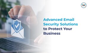 Illustration of email security protection with a hand typing on a computer and secure email icon