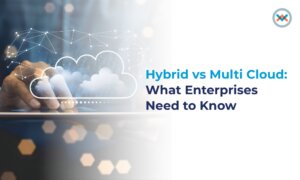 Business professional using cloud technology to represent hybrid vs multi-cloud strategies.