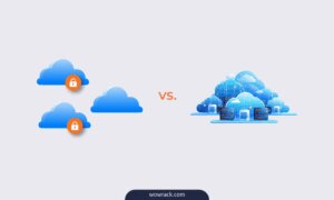 Hybrid vs multi-cloud diagram comparing connected private and public cloud environments with multiple cloud platforms.