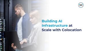 AI infrastructure experts checking server racks in a data center facility