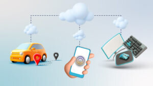 Illustration of a connected car, smartphone, and computer devices linked through a cloud network.